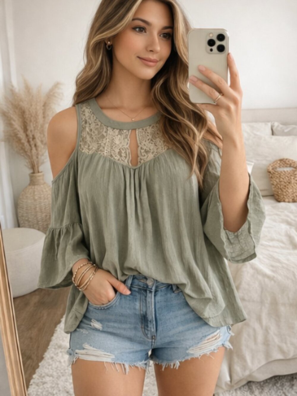Moss Green Cold Shoulder Lace Yoke Blouse | Sz. S/M
